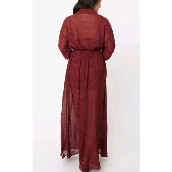 Unique Vintage Dress Size 3X/20 Burgundy Gold Clip Dot Blanche Maxi Shirt Belted - Picture 2 of 10